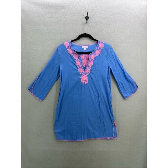 Lilly Pulitzer Womens Blue Split Neck Embroidered 3/4 Sleeve Cover-up Dress XS - Picture 9 of 9